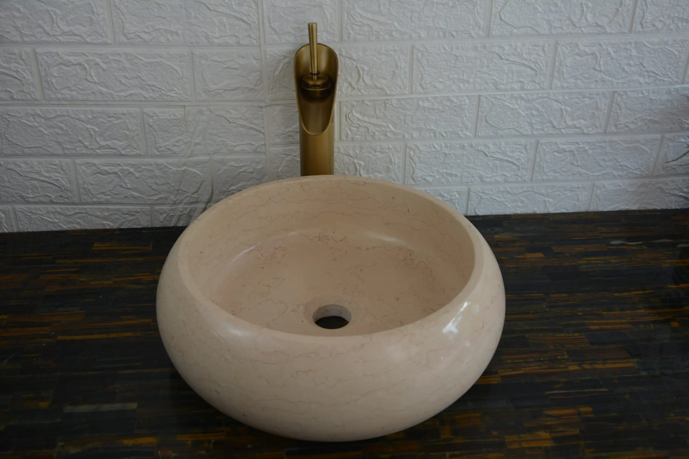 Crema Marfil Sculpted Round Vessel Basin view 3