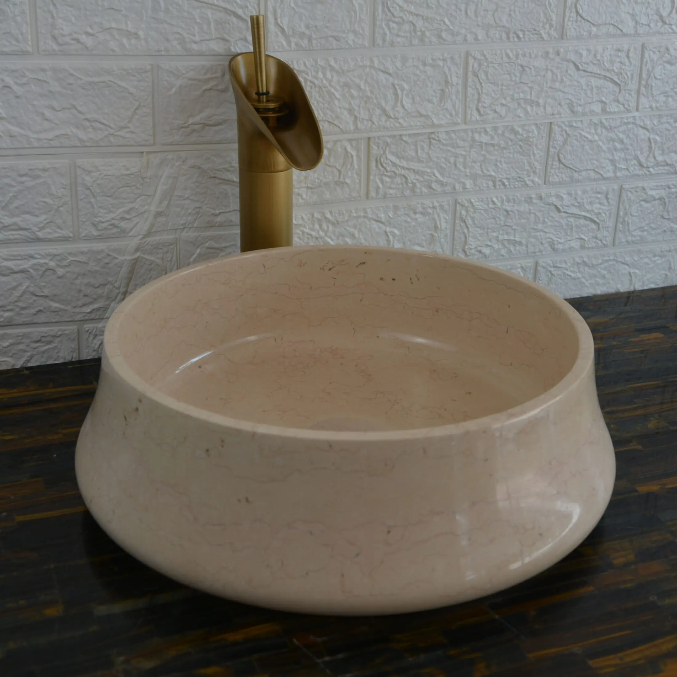 Crema Marfil Sculpted Round Vessel Basin view 2